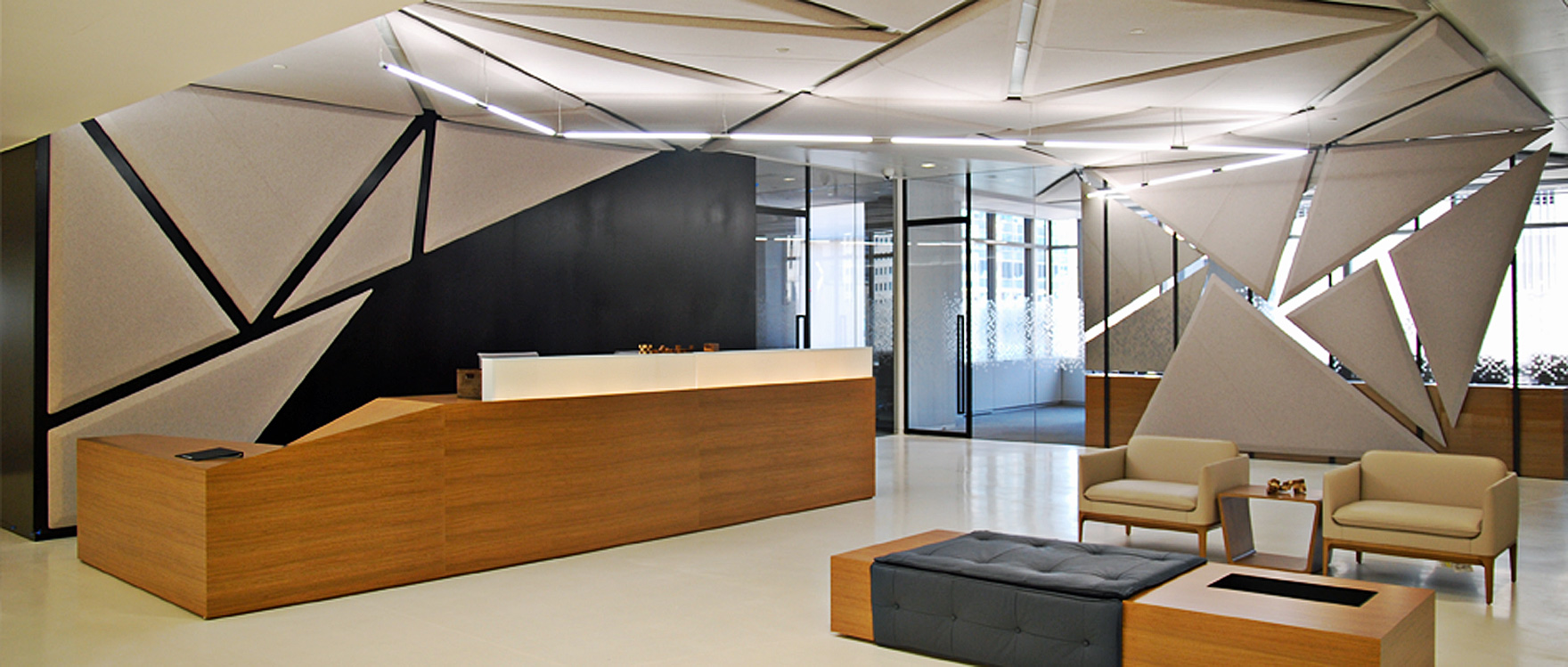 Wall and Ceiling Upholstered Panels in Reception Area